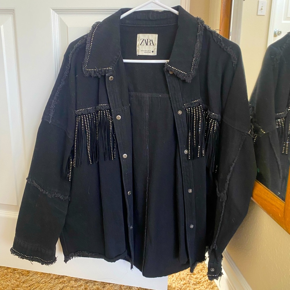 Black Zara cowgirl jean jacket with tassels